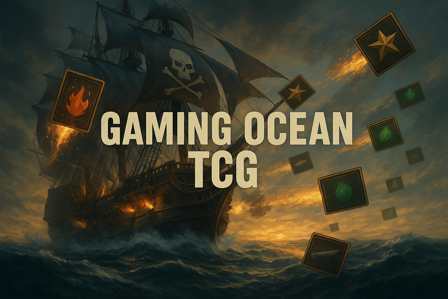Gaming Ocean TCG logo with a pirate ship shooting game cards on a dark ocean background. Button link to take you to shop all Japanese Pokemon, Japanese One Piece, and Grand Archive Products.